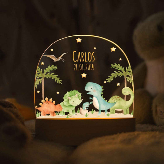 Kinder LED Nachtlicht mit Sockel aus Holz - "Dinogruppe"