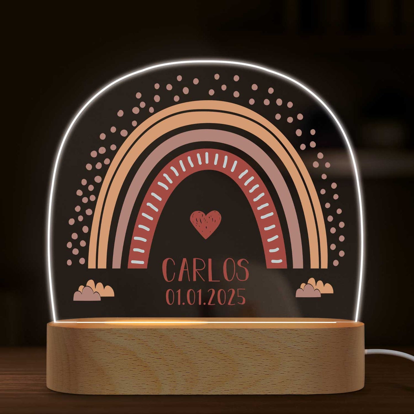 Kinder LED Nachtlicht mit Sockel aus Holz im Regenbogen Design