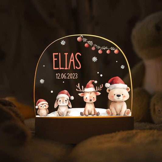 Kinder LED Nachtlicht mit Sockel aus Holz - "Schneetiere"