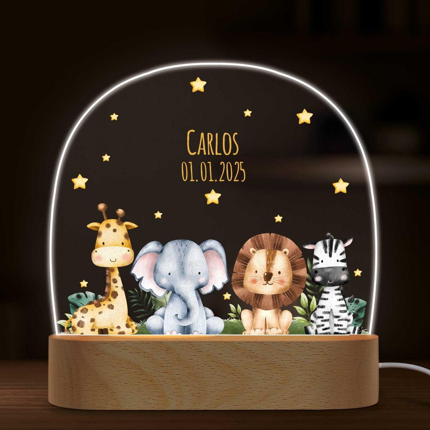 Kinder LED Nachtlicht mit Sockel aus Holz im Tiergruppe Design