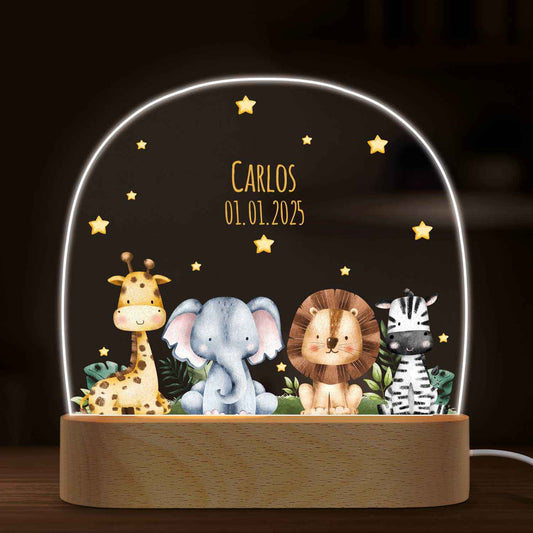 Kinder LED Nachtlicht mit Sockel aus Holz im Tiergruppe Design