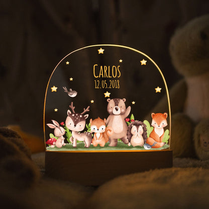 Kinder LED Nachtlicht mit Sockel aus Holz - "Tiergruppe Waldtiere"