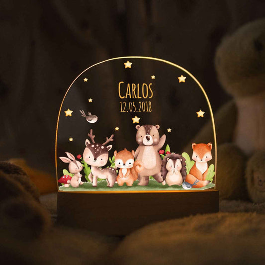 Kinder LED Nachtlicht mit Sockel aus Holz - "Tiergruppe Waldtiere"