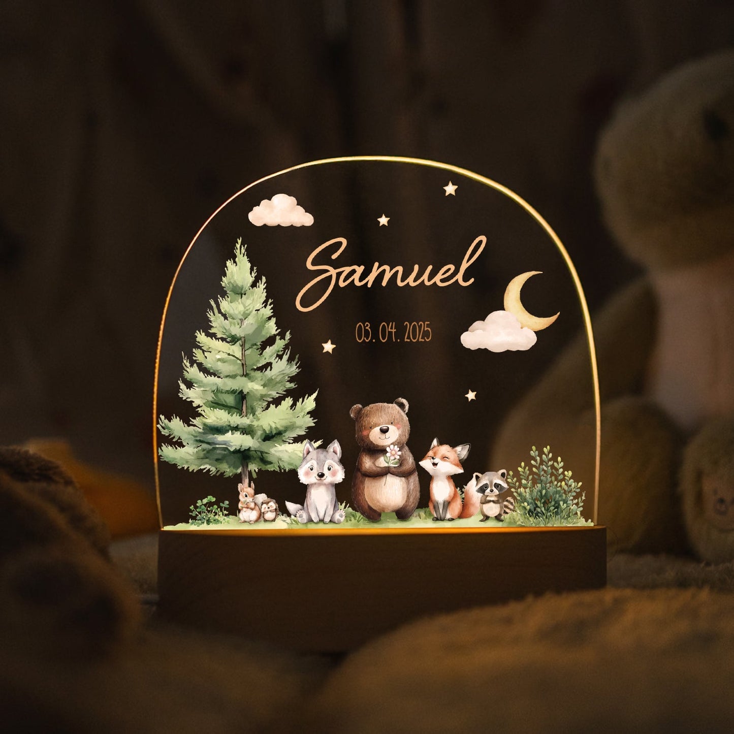 Kinder LED Nachtlicht mit Sockel aus Holz - "Waldfreunde"