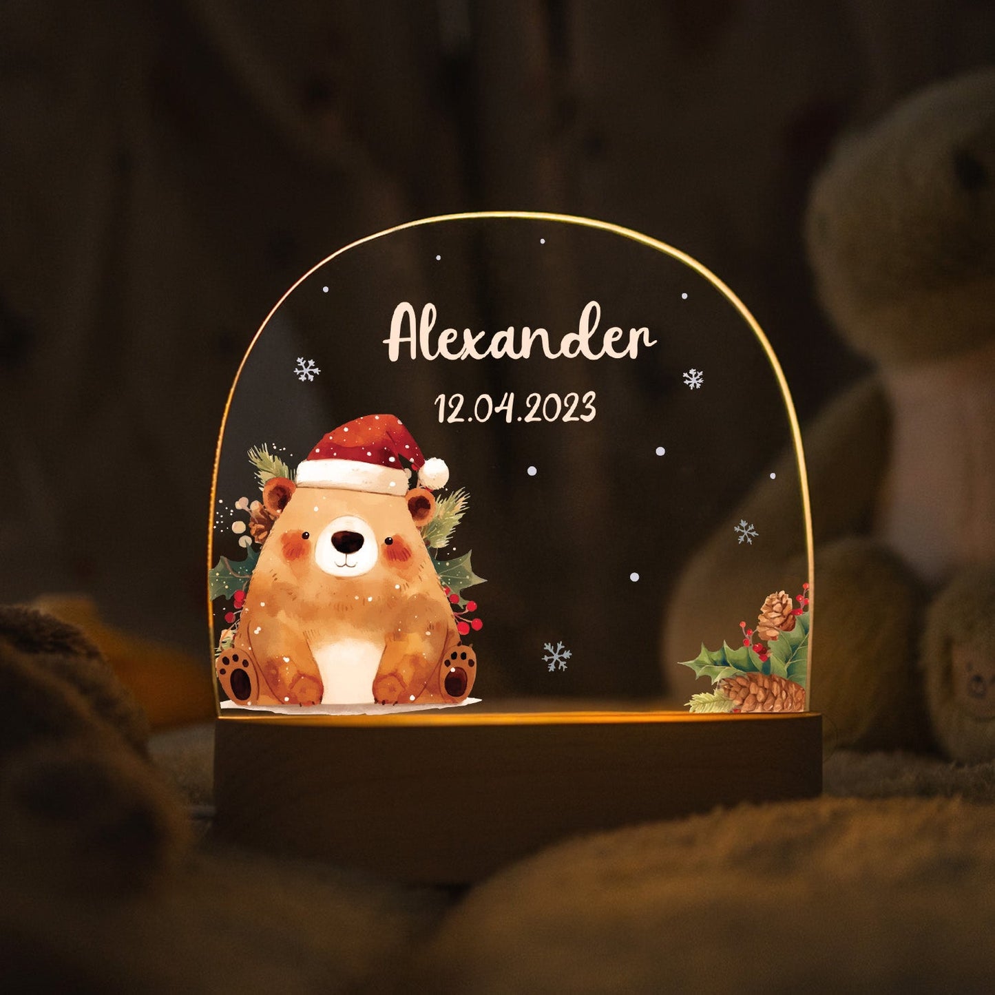 Kinder LED Nachtlicht mit Sockel aus Holz - "Weihnachtstiere"