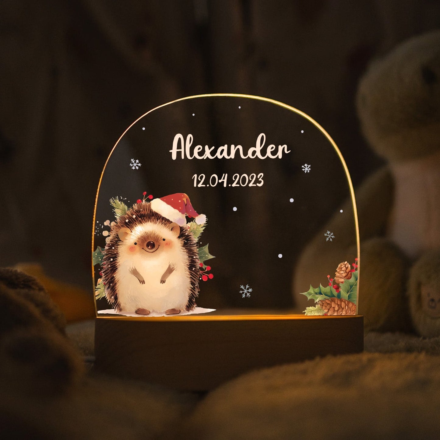 Kinder LED Nachtlicht mit Sockel aus Holz - "Weihnachtstiere"
