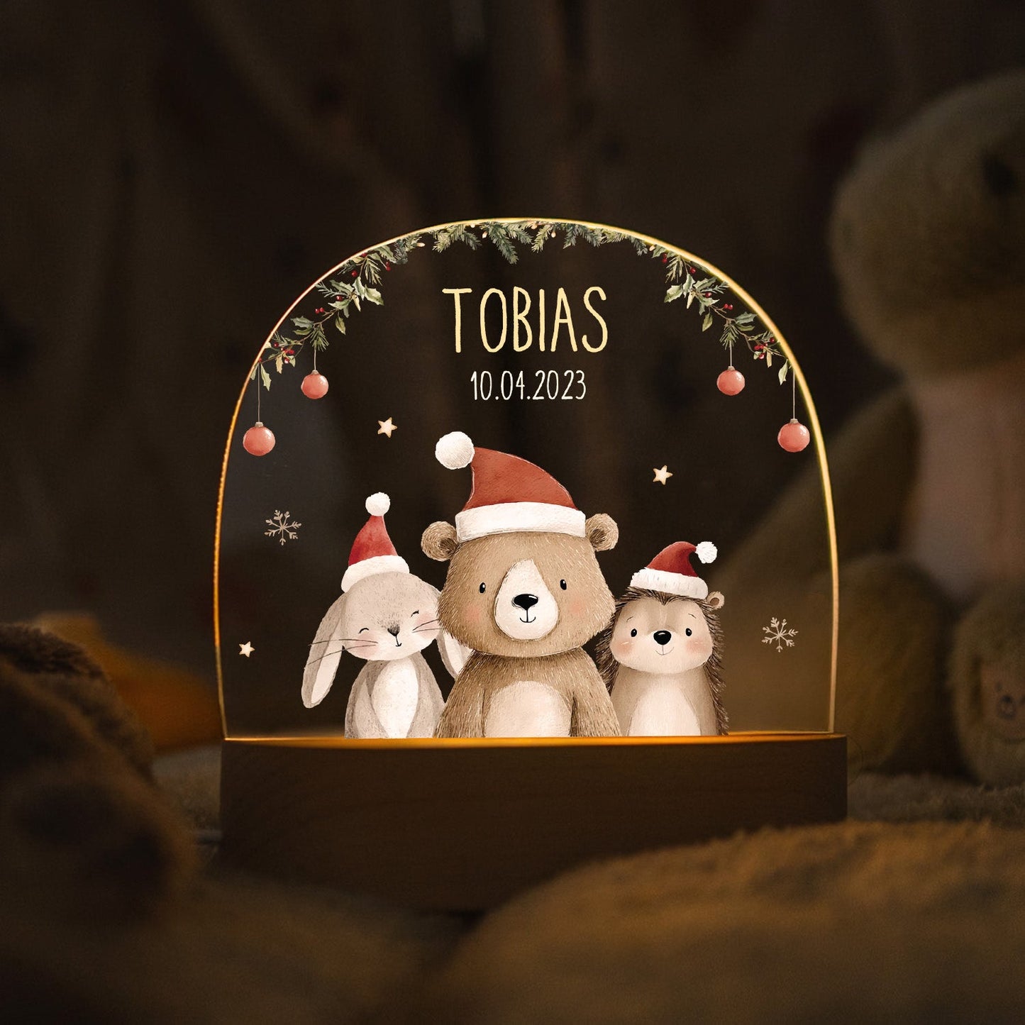 Kinder LED Nachtlicht mit Sockel aus Holz - "Weihnachtstrio"