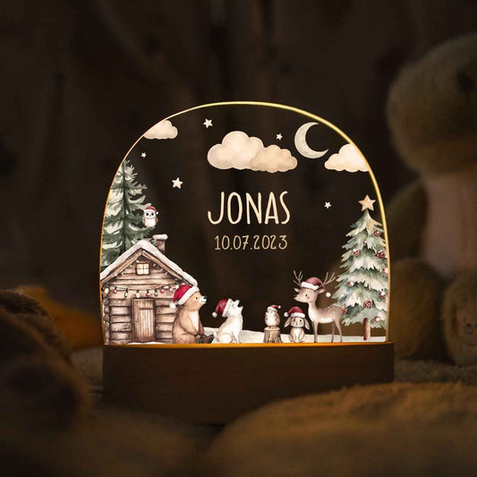 Kinder LED Nachtlicht mit Sockel aus Holz - "Winterhütte"