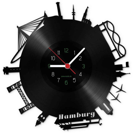 Wanduhr aus Vinyl Skyline Hamburg 2017