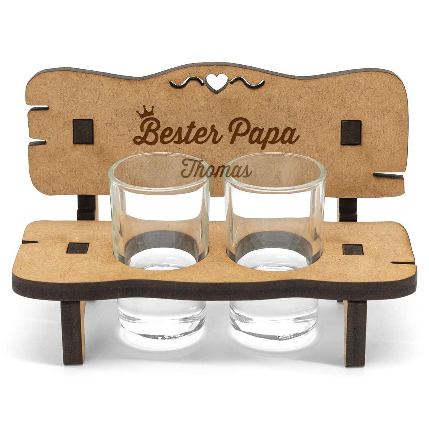 Gravierte Schnapsbank mit Name im Bester Papa Design + 2 Schnapsgläser
