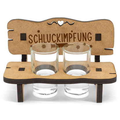 Gravierte Schnapsbank im Schluckimpfung Design + 2 Schnapsgläser
