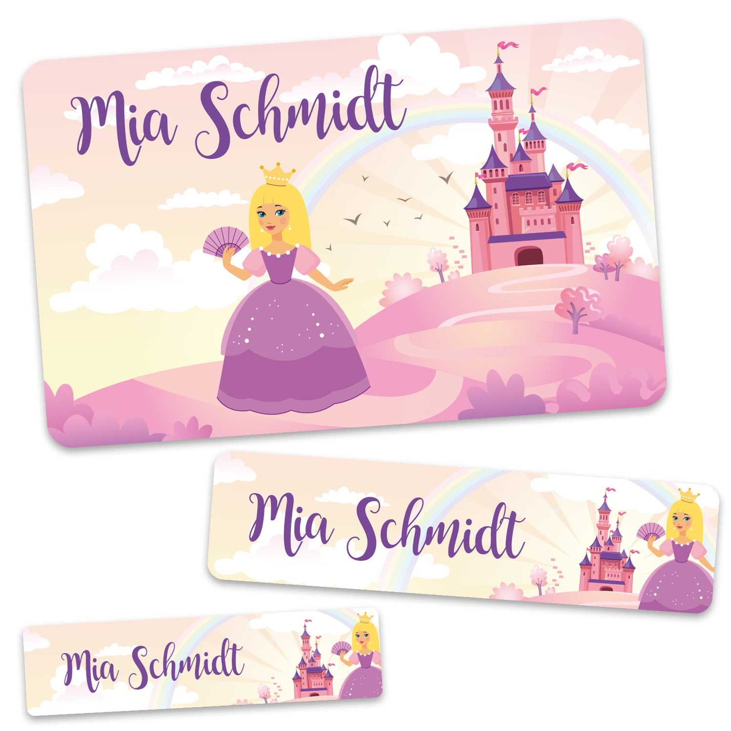 Schuletiketten mit Namen - Prinzessin Design - 100 Aufkleber in verschiedenen Größen