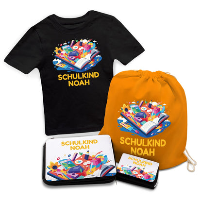 Personalisiertes Schulset - Buch - mit T-Shirt, Sportbeutel,  Federmappe & Geldbörse