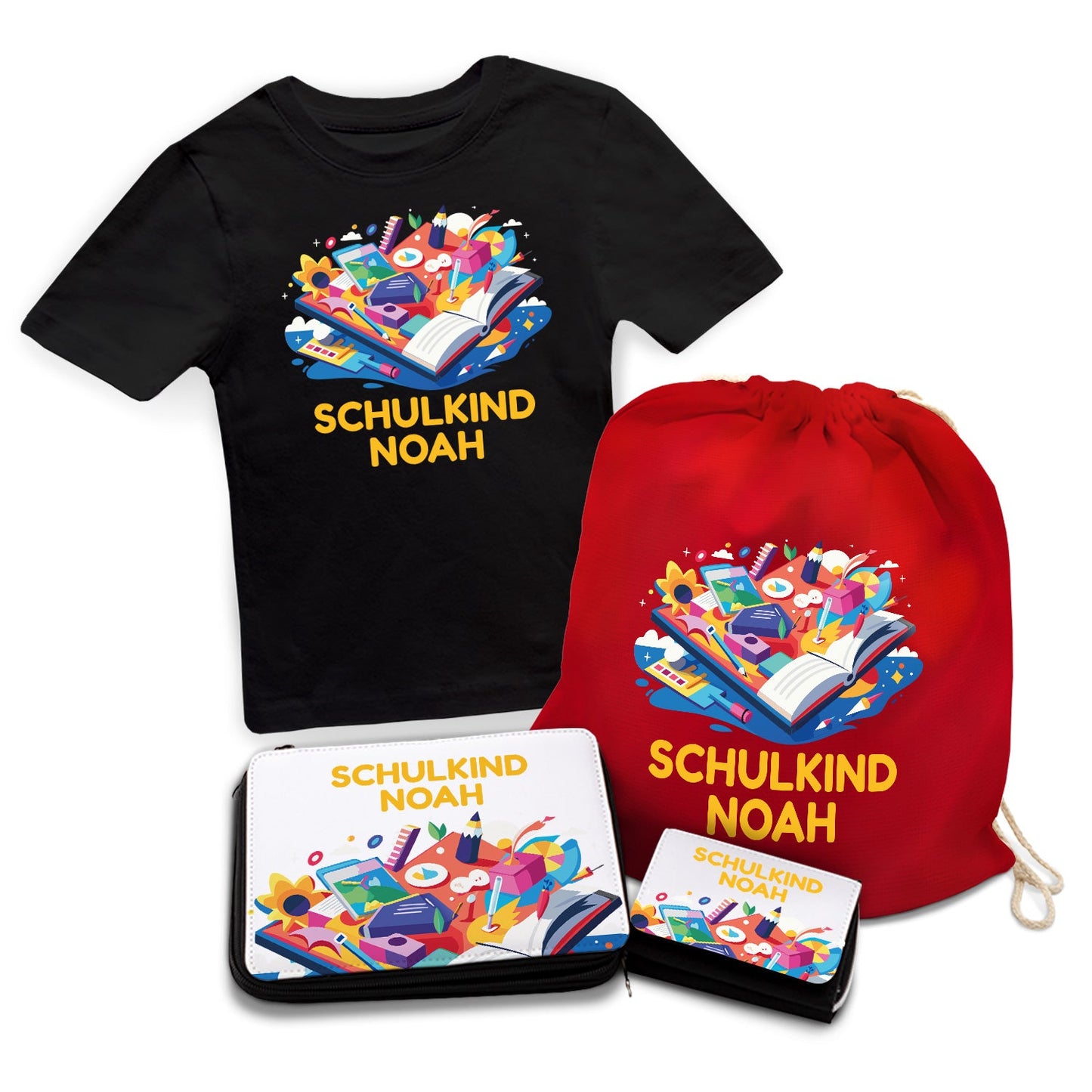 Personalisiertes Schulset - Buch - mit T-Shirt, Sportbeutel,  Federmappe & Geldbörse