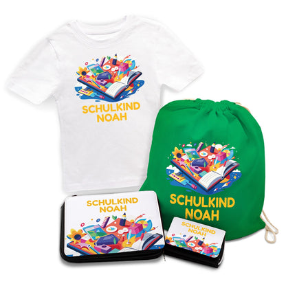 Personalisiertes Schulset - Buch - mit T-Shirt, Sportbeutel,  Federmappe & Geldbörse