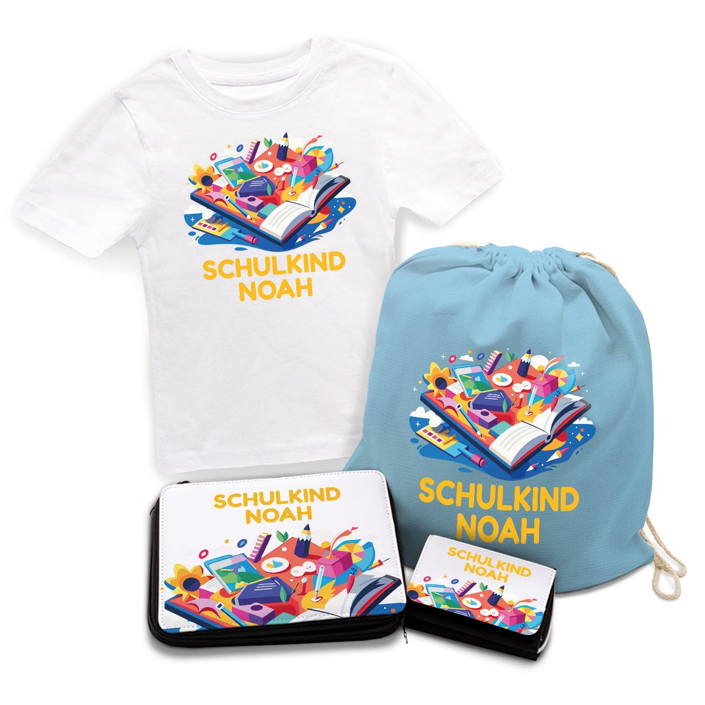 Personalisiertes Schulset - Buch - mit T-Shirt, Sportbeutel,  Federmappe & Geldbörse