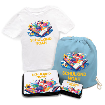 Personalisiertes Schulset - Buch - mit T-Shirt, Sportbeutel,  Federmappe & Geldbörse