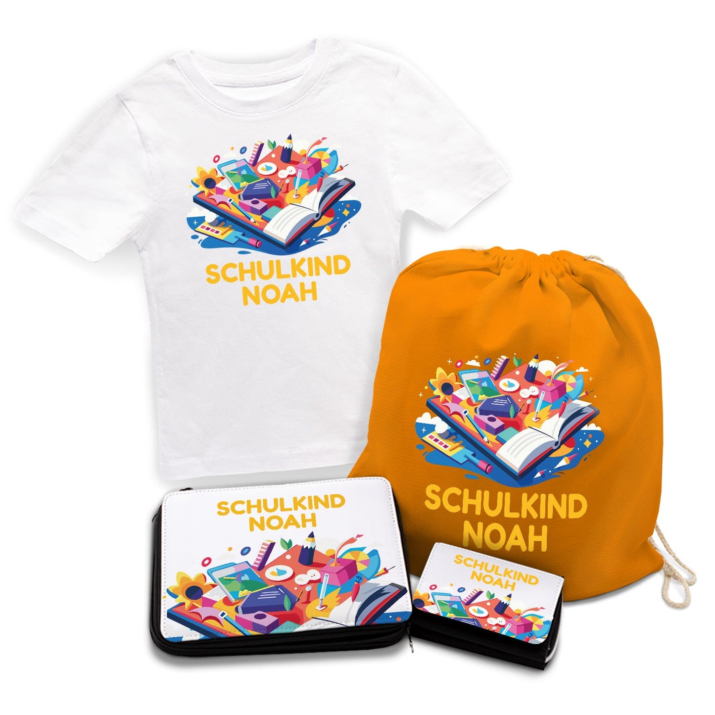 Personalisiertes Schulset - Buch - mit T-Shirt, Sportbeutel,  Federmappe & Geldbörse