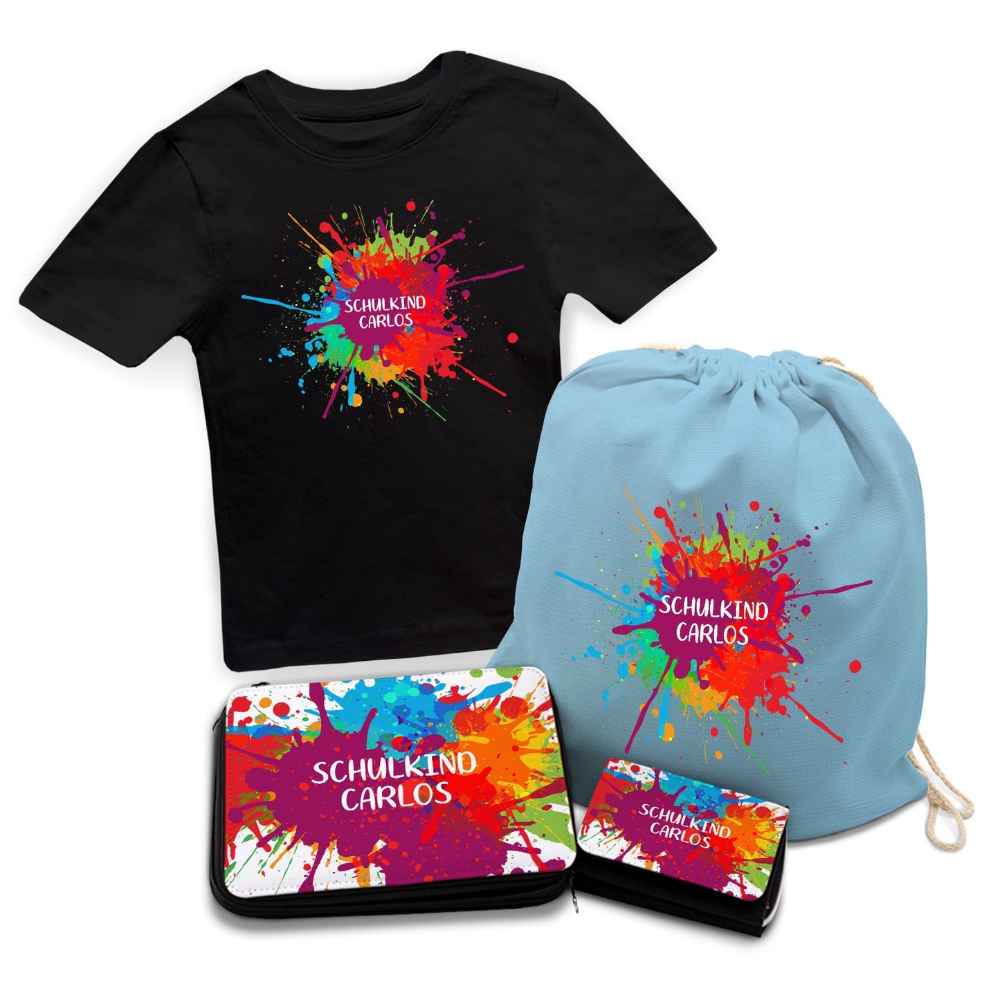 Personalisiertes Schulset - Colorsplash - mit T-Shirt, Sportbeutel,  Federmappe & Geldbörse