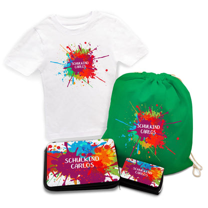 Personalisiertes Schulset - Colorsplash - mit T-Shirt, Sportbeutel,  Federmappe & Geldbörse