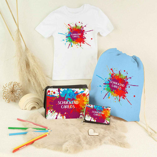 Personalisiertes Schulset - Colorsplash - mit T-Shirt, Sportbeutel,  Federmappe & Geldbörse