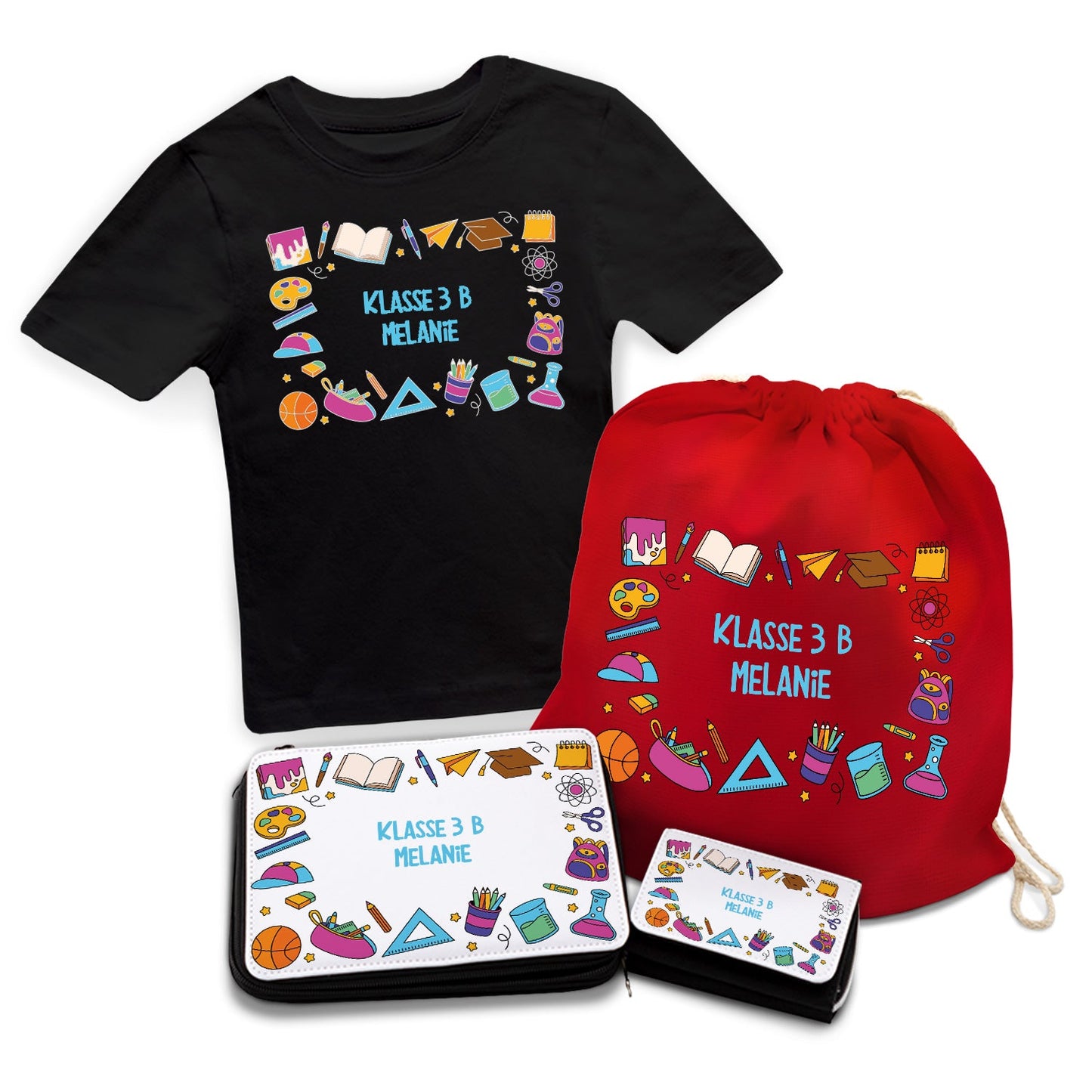 Personalisiertes Schulset - Comic - mit T-Shirt, Sportbeutel,  Federmappe & Geldbörse