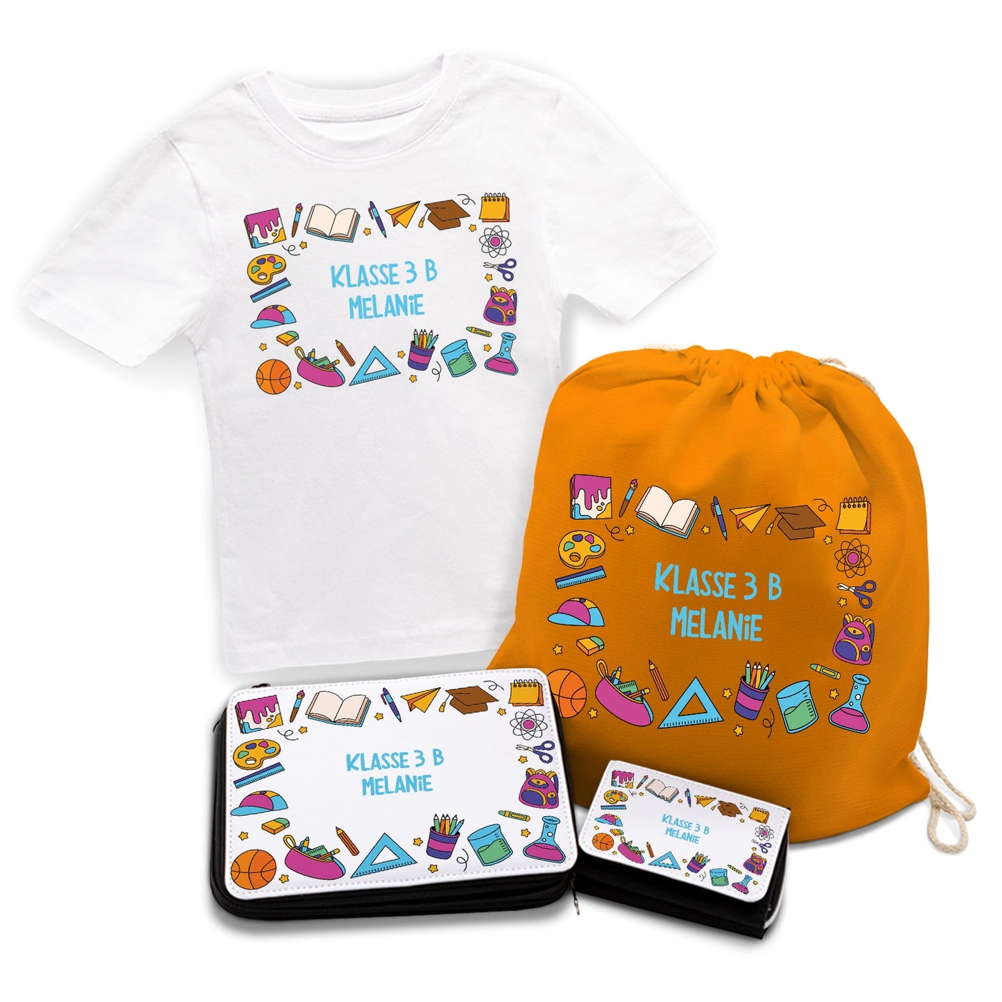 Personalisiertes Schulset - Comic - mit T-Shirt, Sportbeutel,  Federmappe & Geldbörse