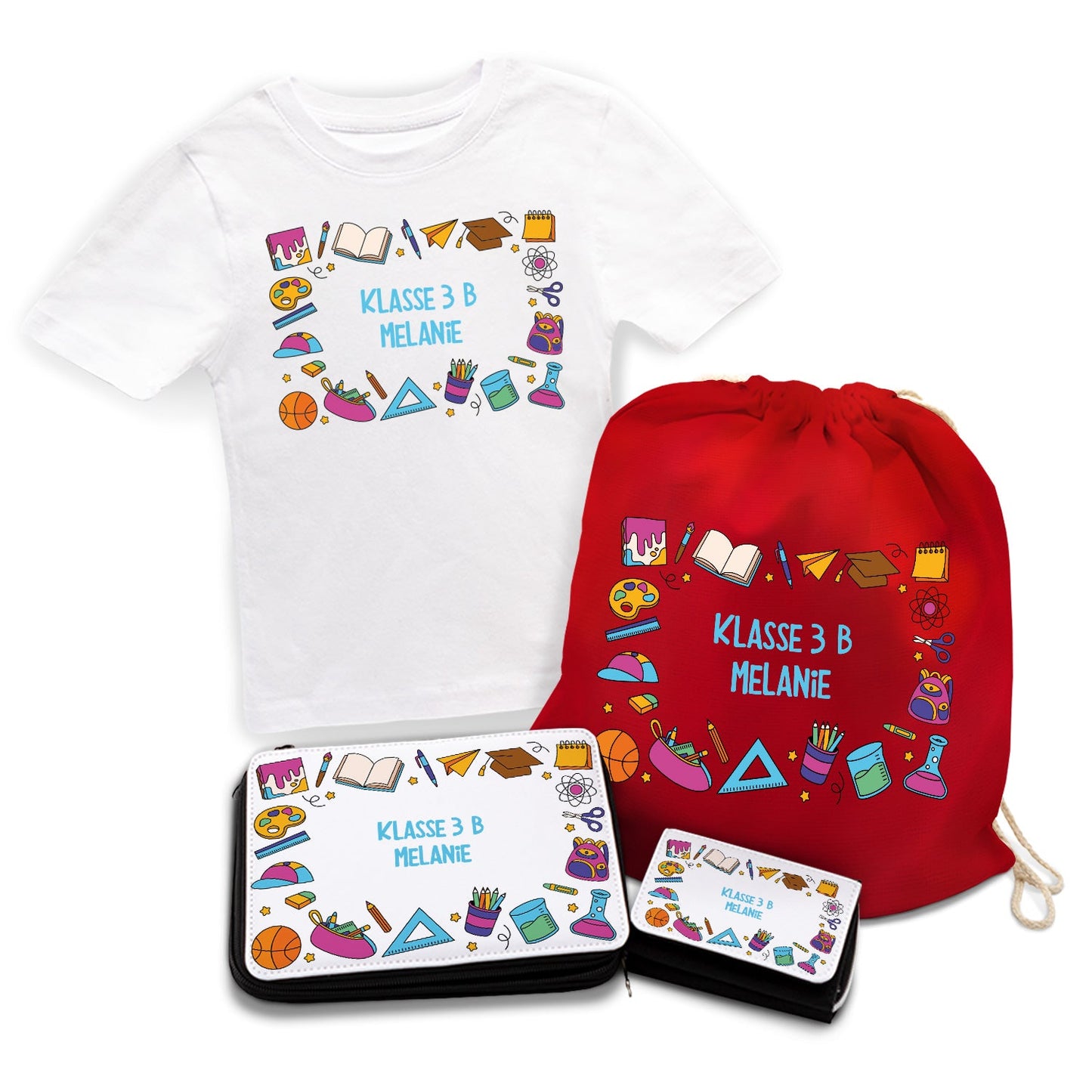 Personalisiertes Schulset - Comic - mit T-Shirt, Sportbeutel,  Federmappe & Geldbörse