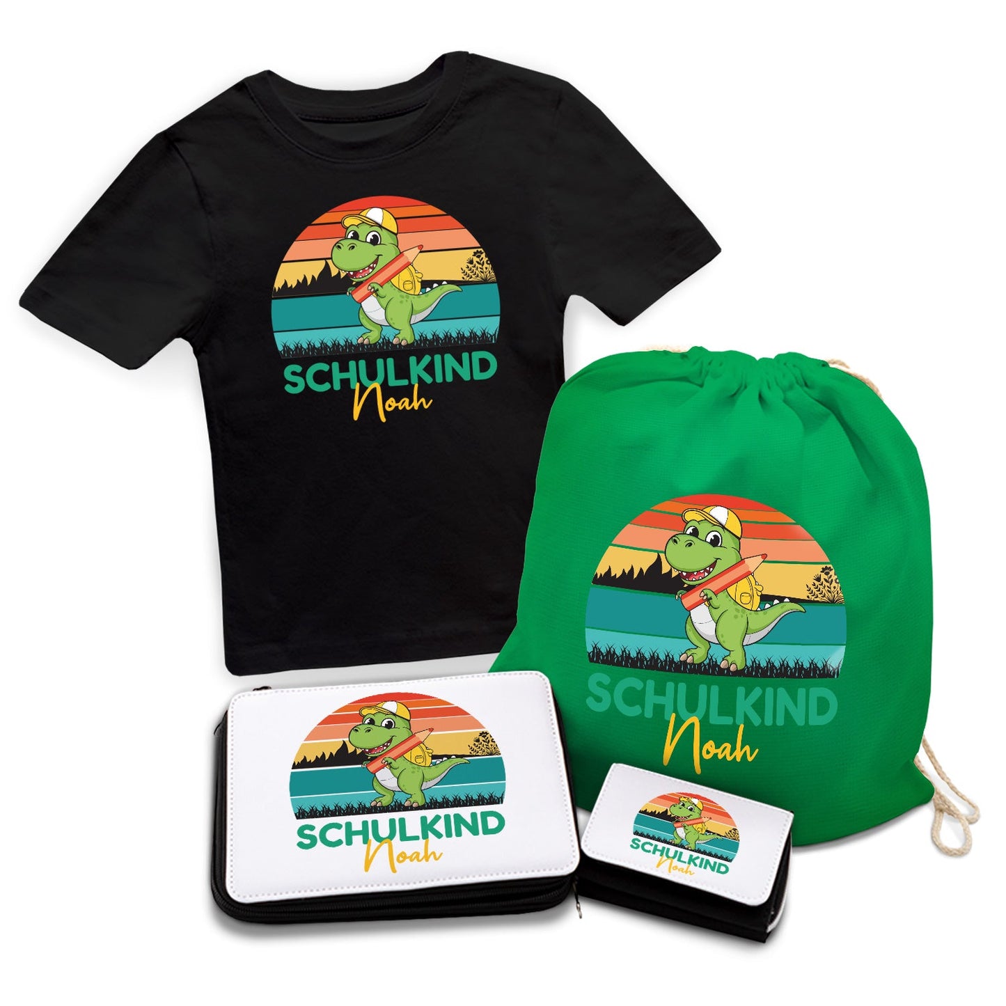 Personalisiertes Schulset - Dino - mit T-Shirt, Sportbeutel,  Federmappe & Geldbörse