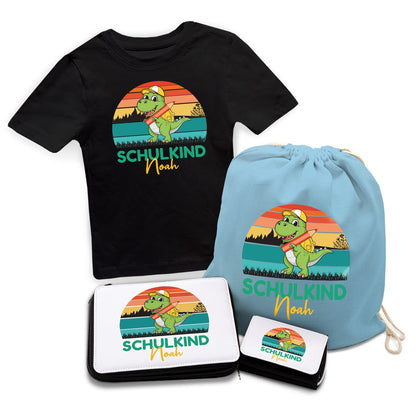 Personalisiertes Schulset - Dino - mit T-Shirt, Sportbeutel,  Federmappe & Geldbörse