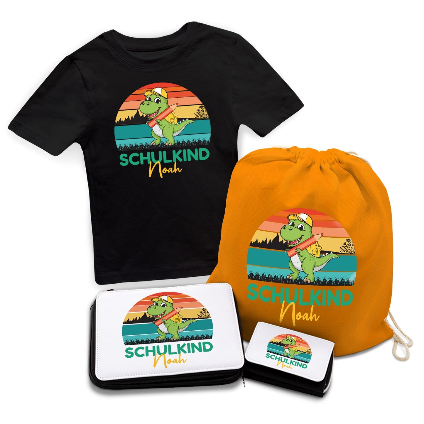 Personalisiertes Schulset - Dino - mit T-Shirt, Sportbeutel,  Federmappe & Geldbörse