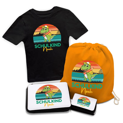 Personalisiertes Schulset - Dino - mit T-Shirt, Sportbeutel,  Federmappe & Geldbörse