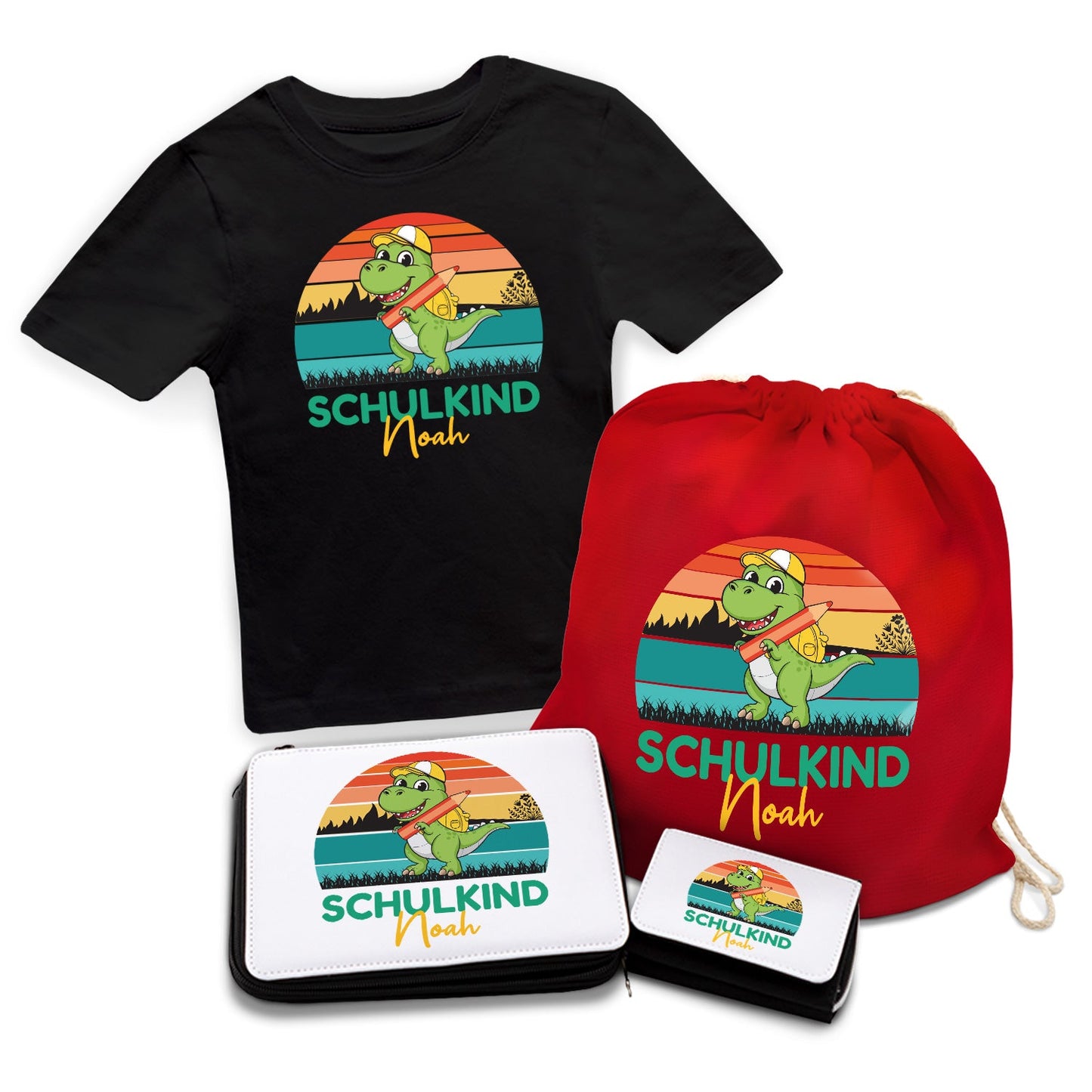 Personalisiertes Schulset - Dino - mit T-Shirt, Sportbeutel,  Federmappe & Geldbörse