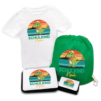 Personalisiertes Schulset - Dino - mit T-Shirt, Sportbeutel,  Federmappe & Geldbörse
