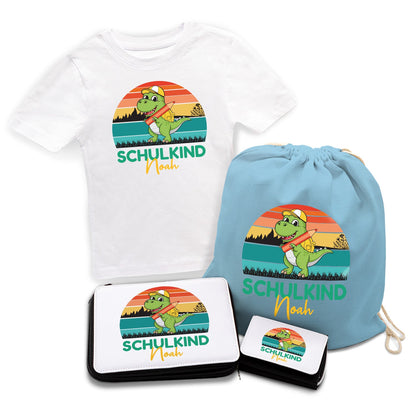 Personalisiertes Schulset - Dino - mit T-Shirt, Sportbeutel,  Federmappe & Geldbörse