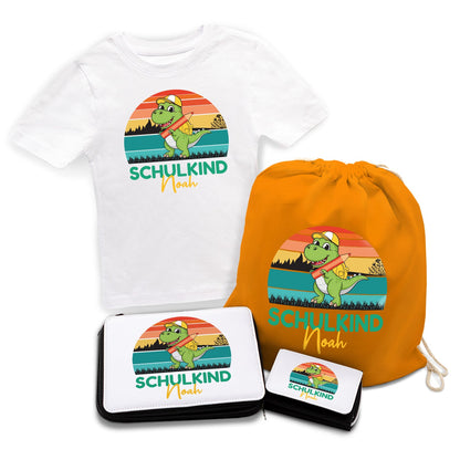 Personalisiertes Schulset - Dino - mit T-Shirt, Sportbeutel,  Federmappe & Geldbörse