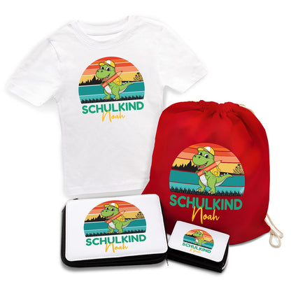 Personalisiertes Schulset - Dino - mit T-Shirt, Sportbeutel,  Federmappe & Geldbörse