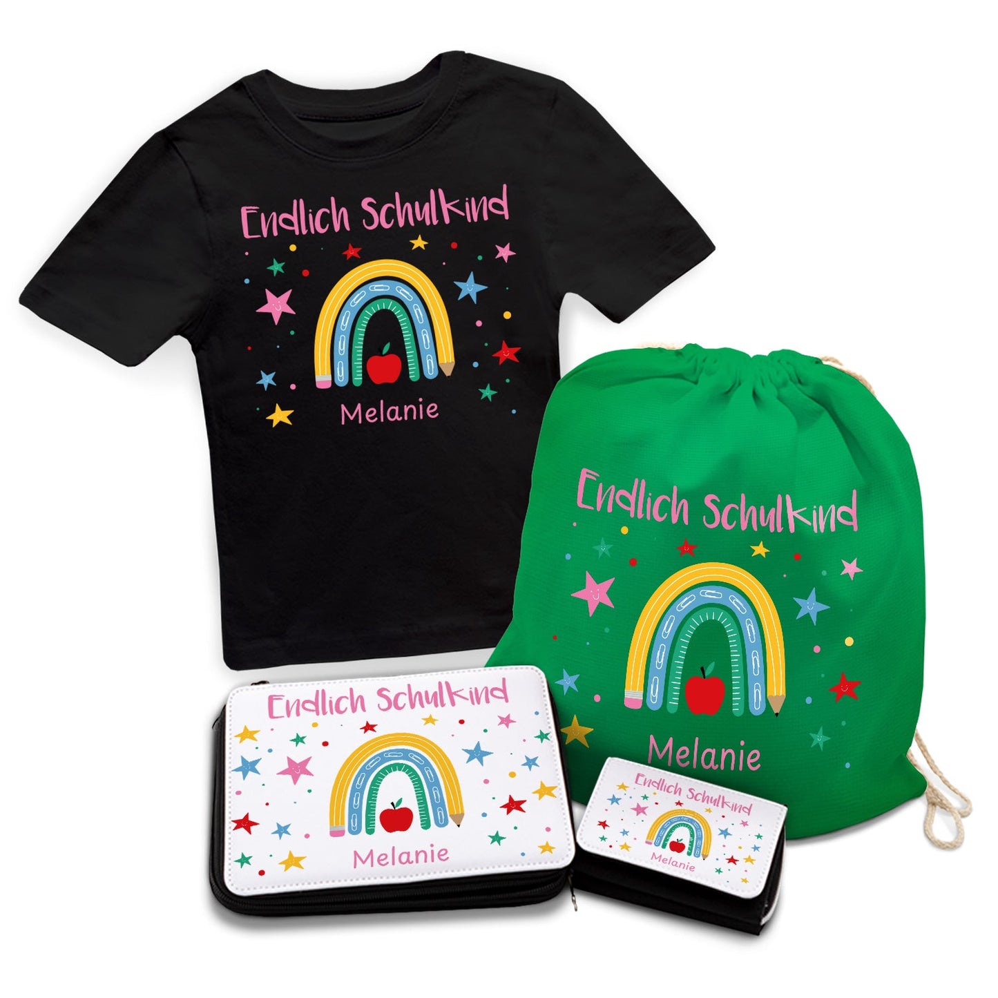 Personalisiertes Schulset - Regenbogen - mit T-Shirt, Sportbeutel,  Federmappe & Geldbörse