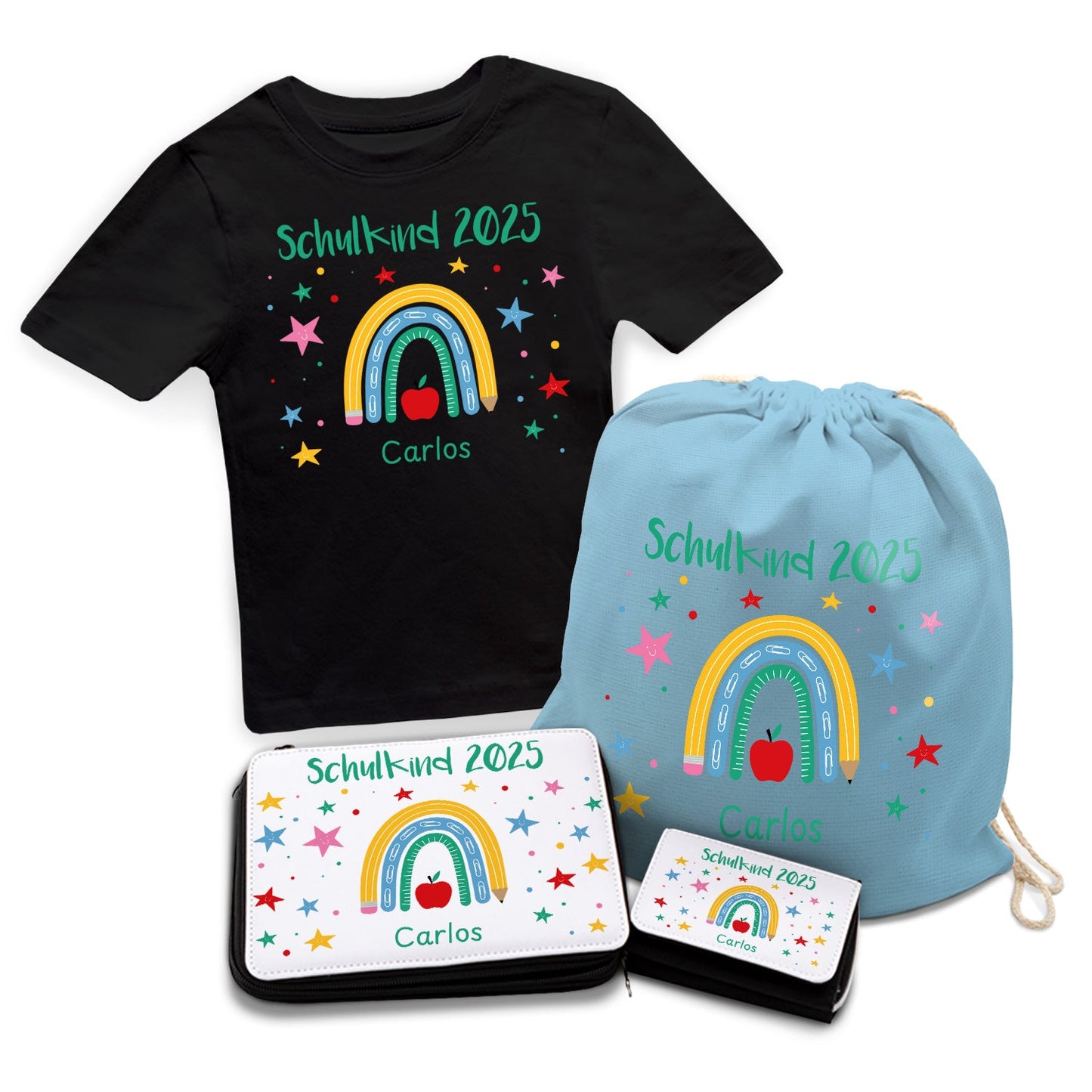 Personalisiertes Schulset - Regenbogen - mit T-Shirt, Sportbeutel,  Federmappe & Geldbörse