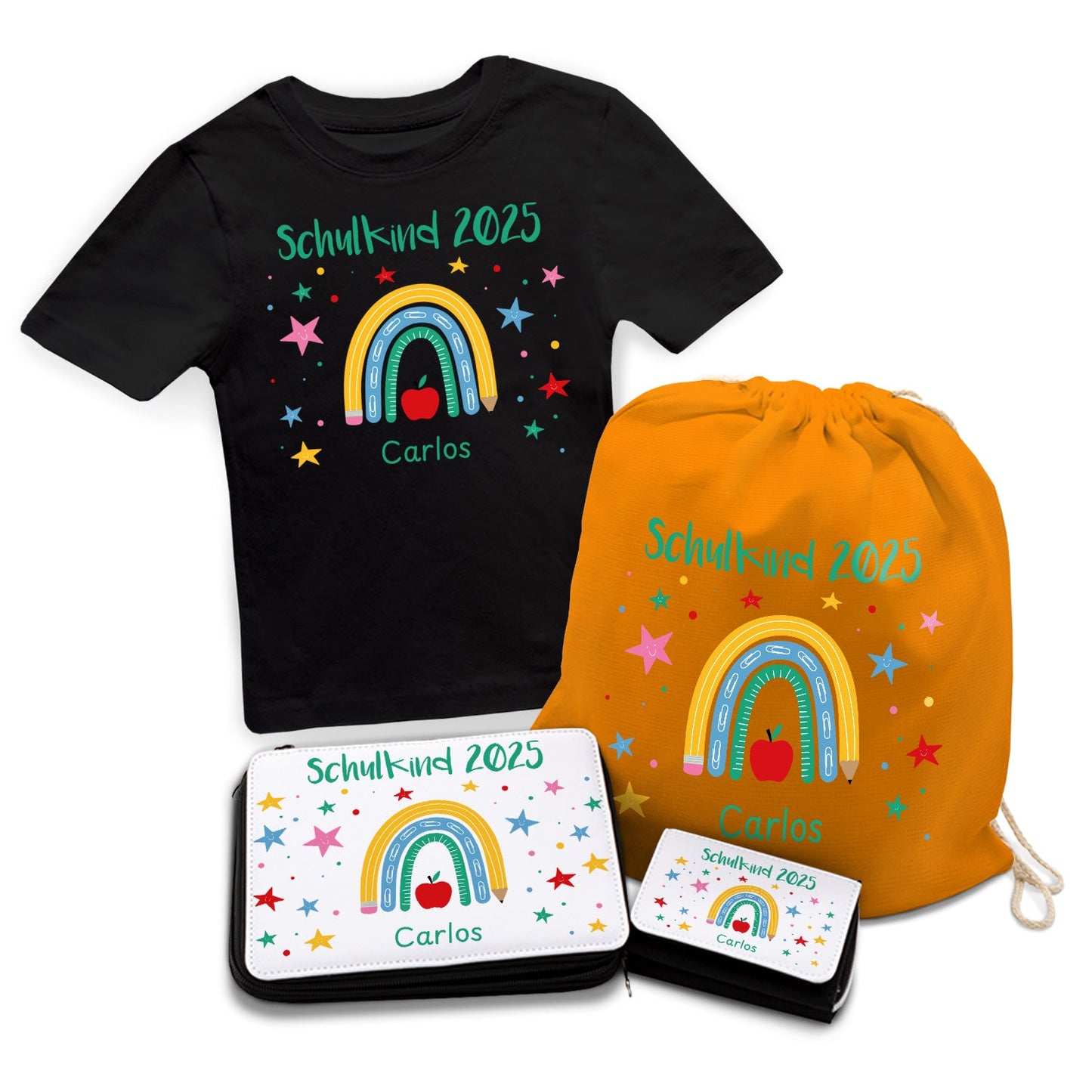 Personalisiertes Schulset - Regenbogen - mit T-Shirt, Sportbeutel,  Federmappe & Geldbörse