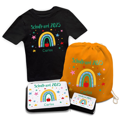 Personalisiertes Schulset - Regenbogen - mit T-Shirt, Sportbeutel,  Federmappe & Geldbörse