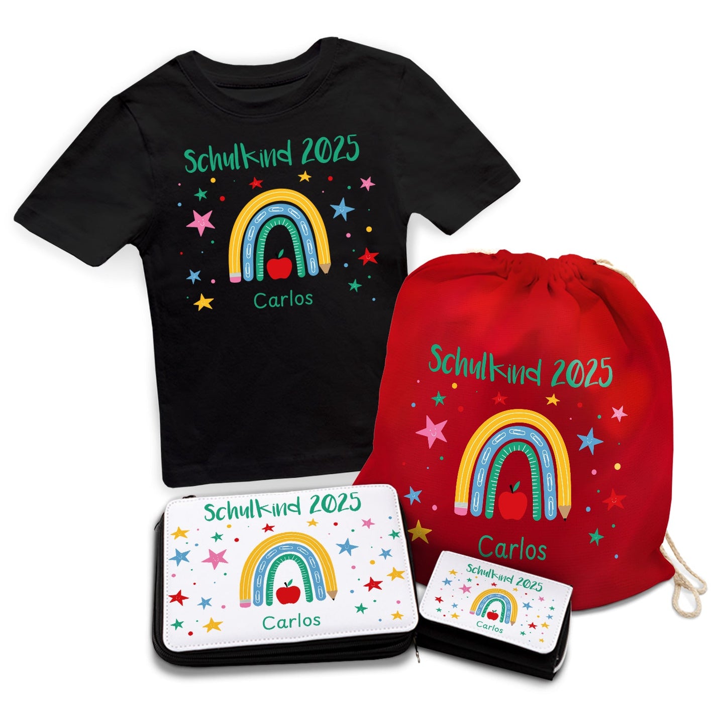 Personalisiertes Schulset - Regenbogen - mit T-Shirt, Sportbeutel,  Federmappe & Geldbörse
