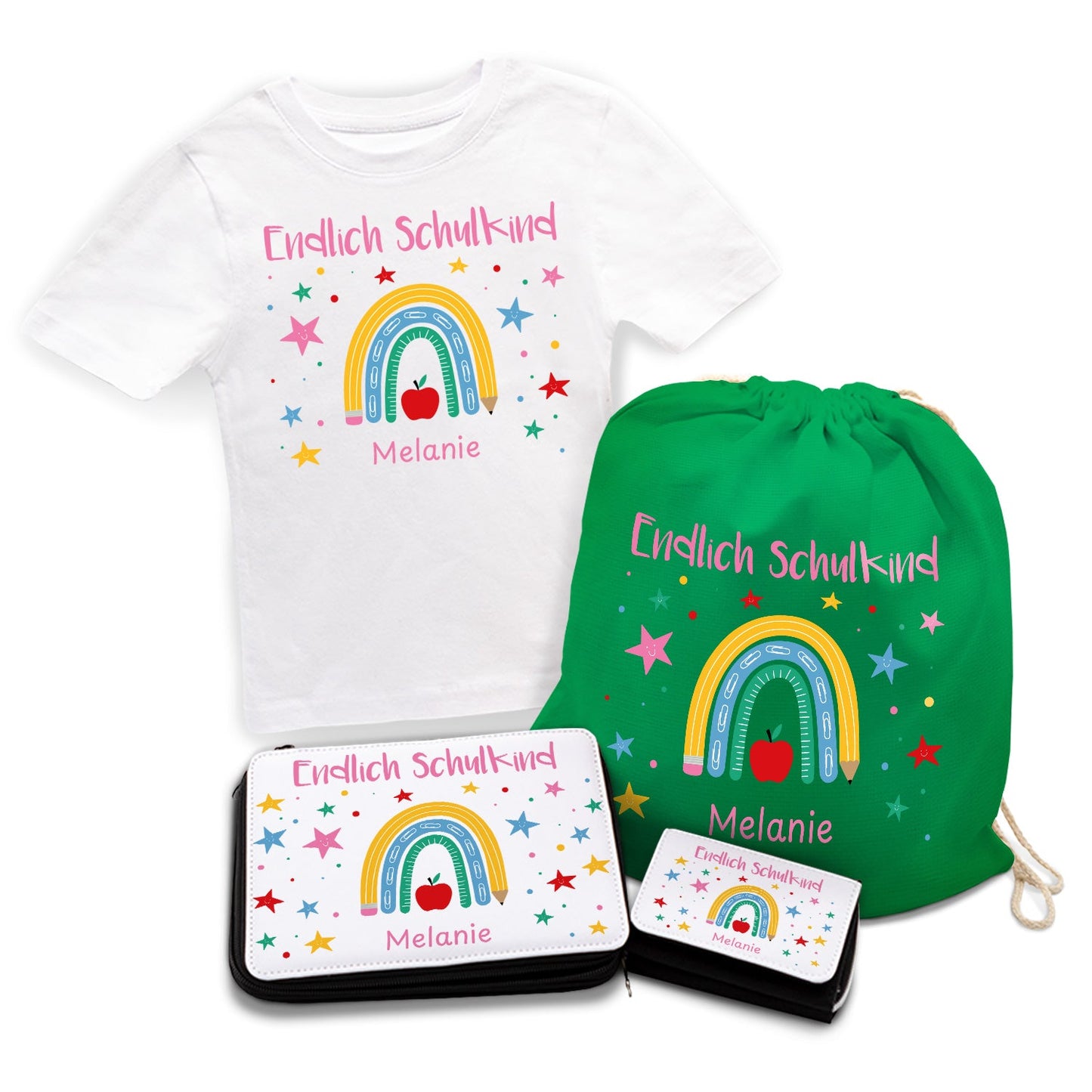 Personalisiertes Schulset - Regenbogen - mit T-Shirt, Sportbeutel,  Federmappe & Geldbörse