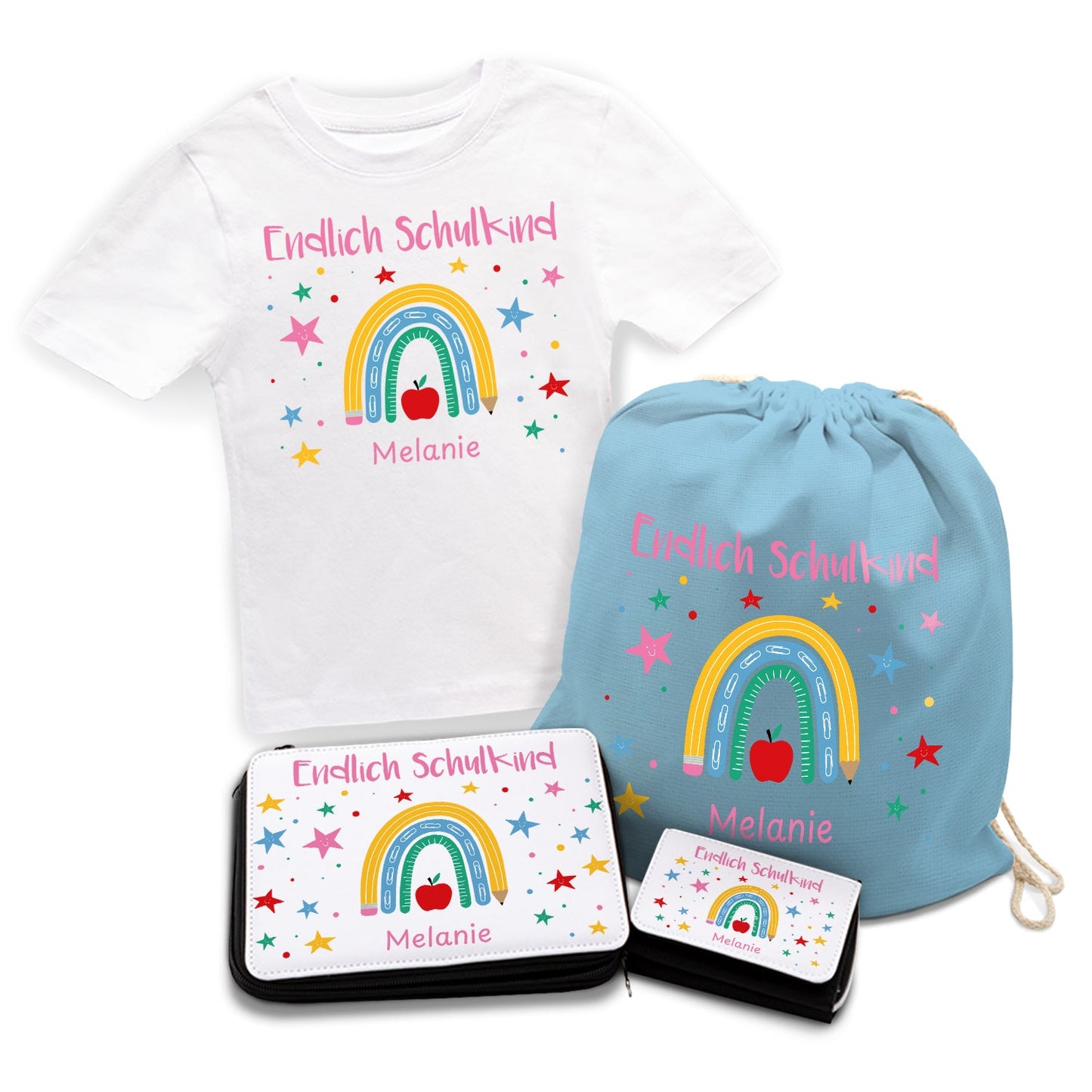 Personalisiertes Schulset - Regenbogen - mit T-Shirt, Sportbeutel,  Federmappe & Geldbörse