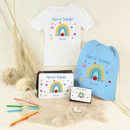 Personalisiertes Schulset - Regenbogen - mit T-Shirt, Sportbeutel,  Federmappe & Geldbörse