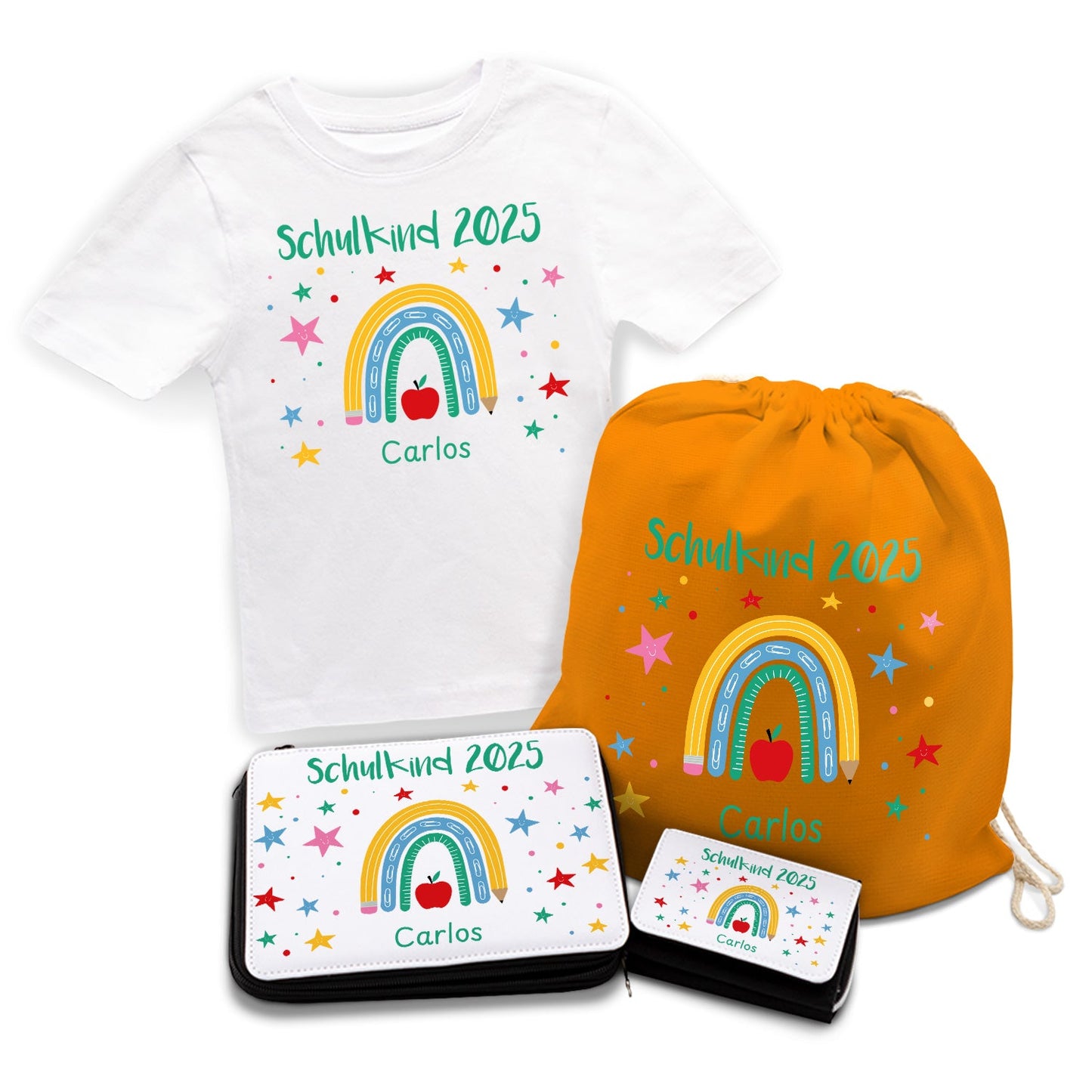 Personalisiertes Schulset - Regenbogen - mit T-Shirt, Sportbeutel,  Federmappe & Geldbörse