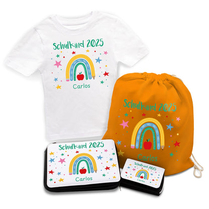 Personalisiertes Schulset - Regenbogen - mit T-Shirt, Sportbeutel,  Federmappe & Geldbörse