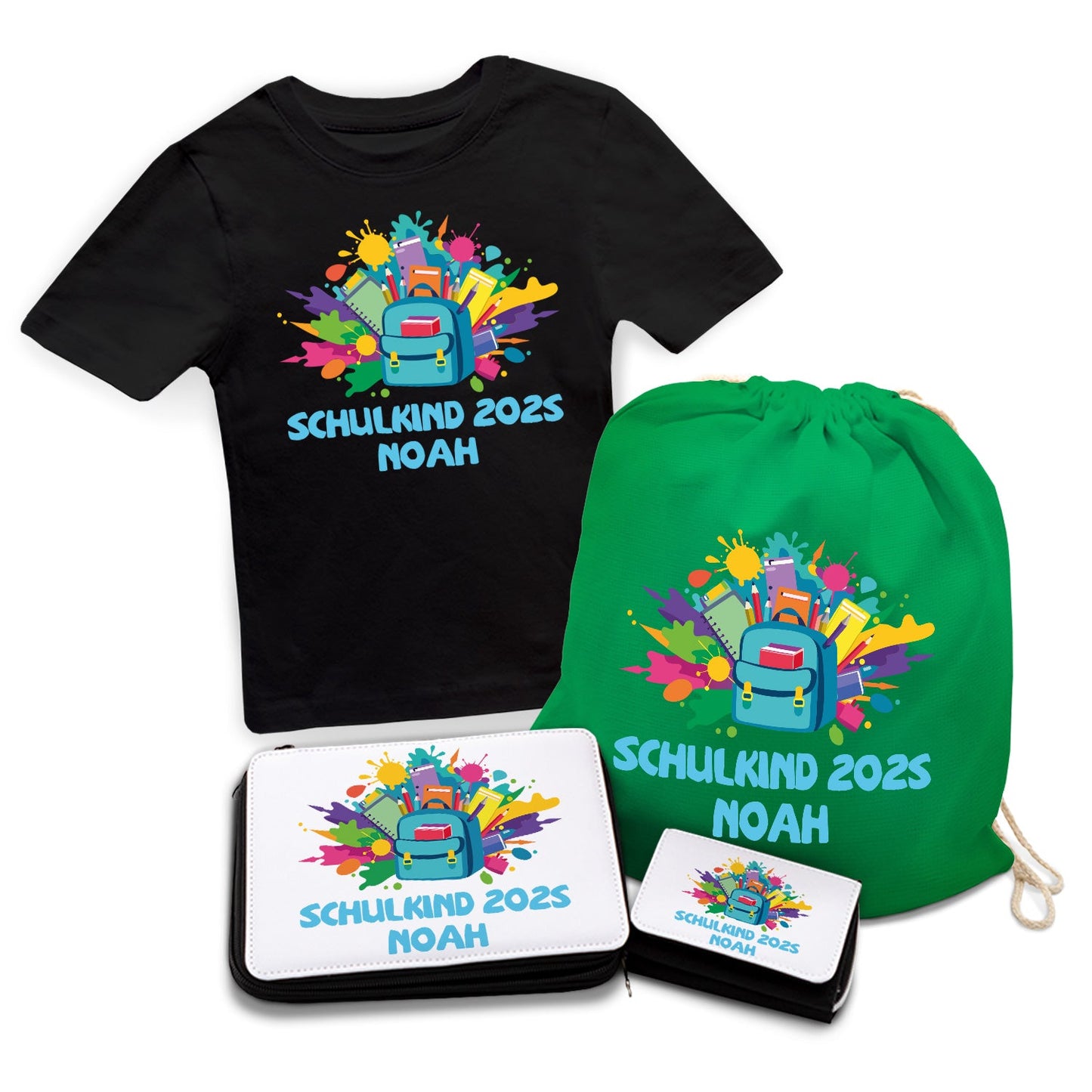 Personalisiertes Schulset - Rucksack - mit T-Shirt, Sportbeutel,  Federmappe & Geldbörse