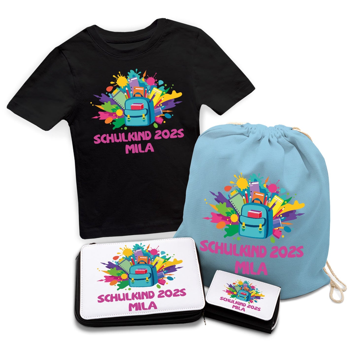 Personalisiertes Schulset - Rucksack - mit T-Shirt, Sportbeutel,  Federmappe & Geldbörse