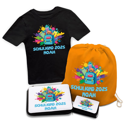 Personalisiertes Schulset - Rucksack - mit T-Shirt, Sportbeutel,  Federmappe & Geldbörse